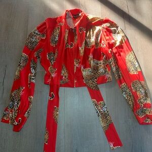 Size 12 Trashy Diva Red Leopards zip front blouse with tie